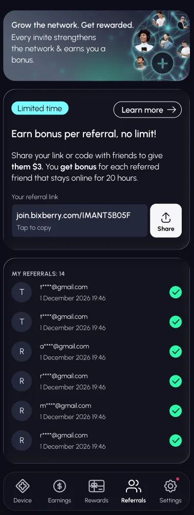 Bixberry Referrals tab - current offer and referral link
