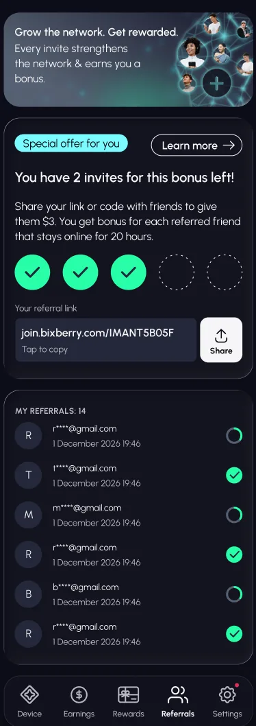 Bixberry Referrals tab - offer progress and My Referrals list