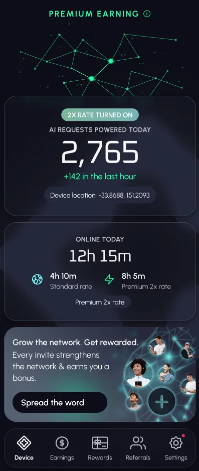Bixberry Device screen - PREMIUM EARNING status